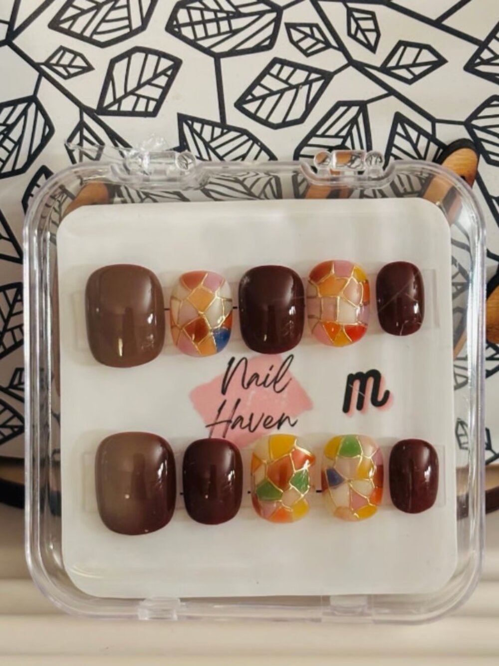 Nail Haven Press On Nails - Brown and Stained Glass